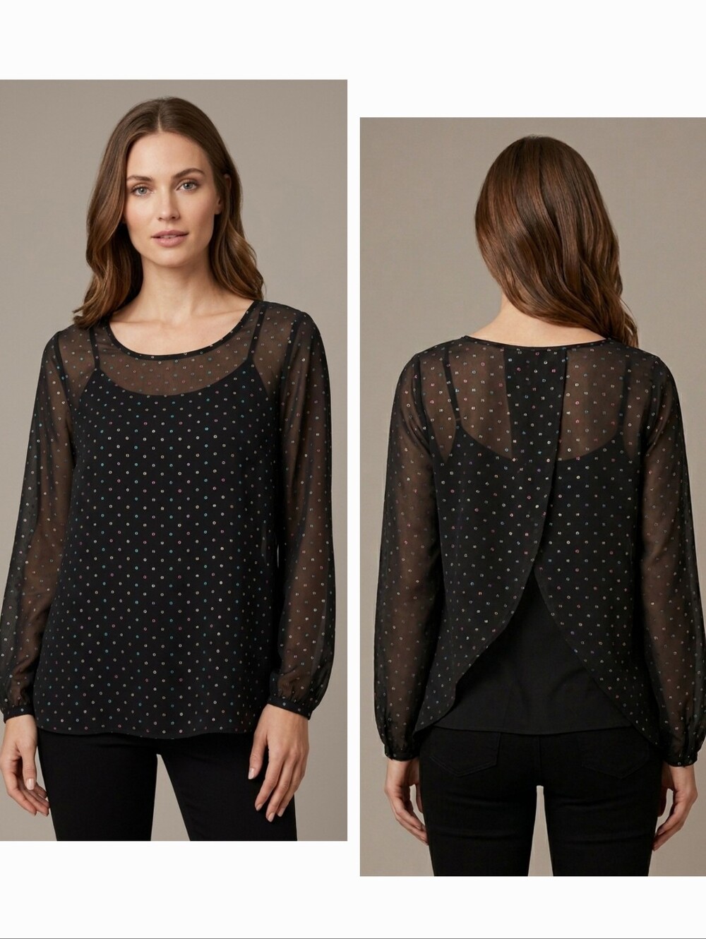 G21 Sheer Polka Dot Blouse With Chic Draped Back, Size L